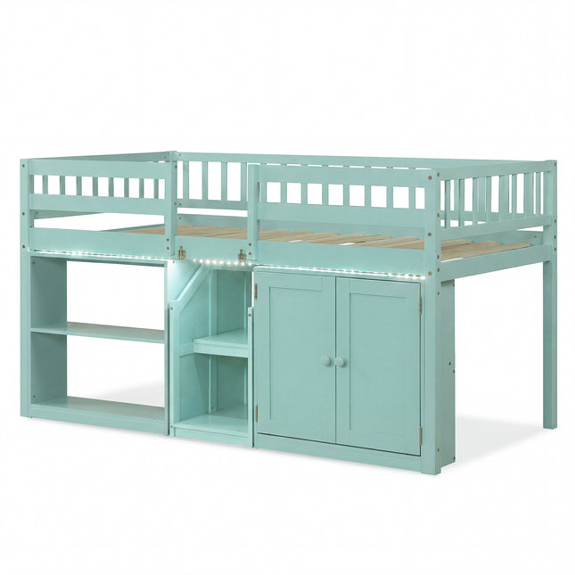 Twin Size Loft Bed with LED Lights and Kids Wooden Bed Frame-Green