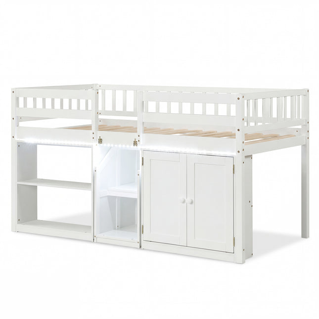 Twin Size Loft Bed with LED Lights and Kids Wooden Bed Frame-White
