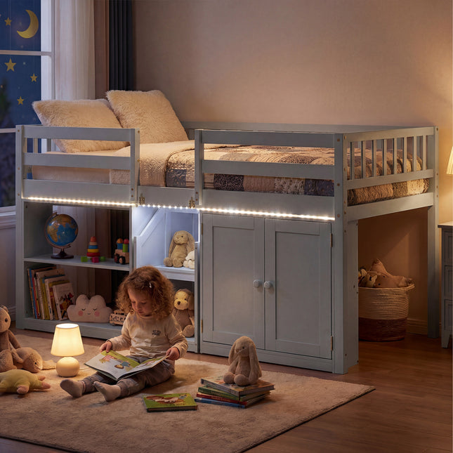 Twin Size Loft Bed with LED Lights and Kids Wooden Bed Frame-Gray