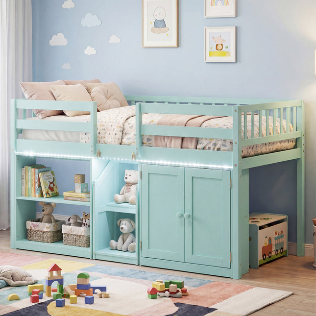 Twin Size Loft Bed with LED Lights and Kids Wooden Bed Frame-Green