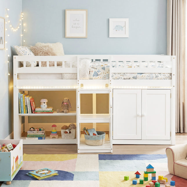 Twin Size Loft Bed with LED Lights and Kids Wooden Bed Frame-White