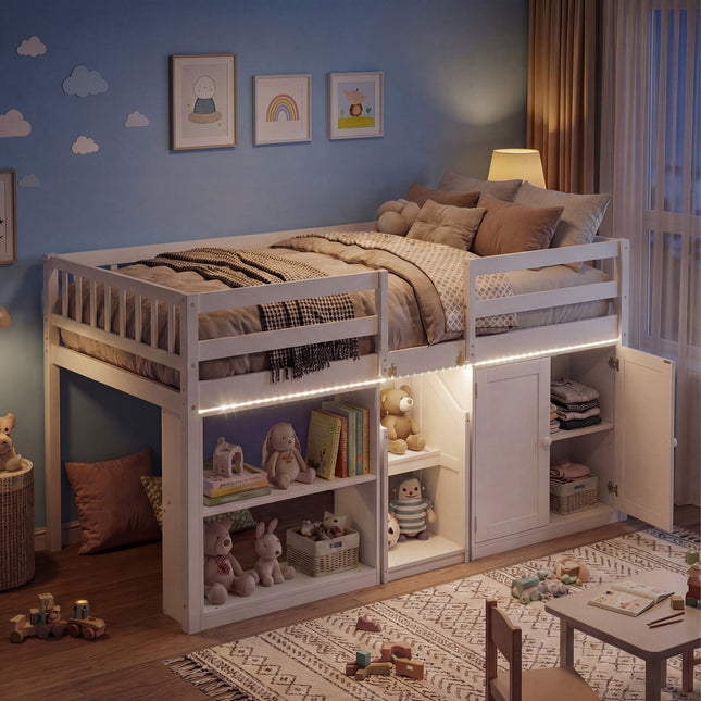 Twin Size Loft Bed with LED Lights and Kids Wooden Bed Frame-White