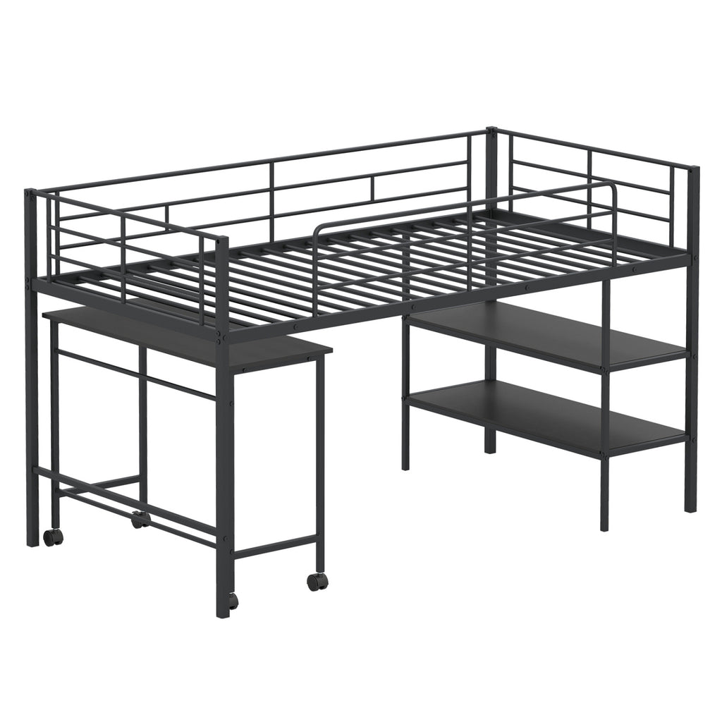 Twin Size Loft Bed with Rolling Desk and Bookshelf Platform Bed Frame-Black