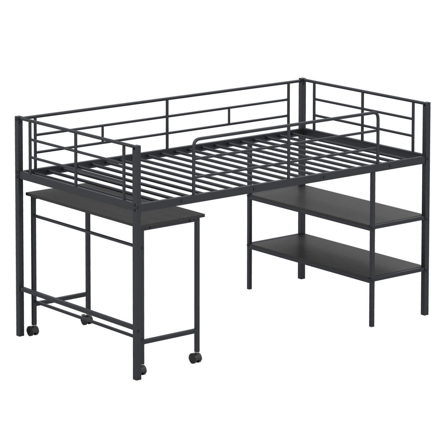 Twin Size Loft Bed with Rolling Desk and Bookshelf Platform Bed Frame-Black
