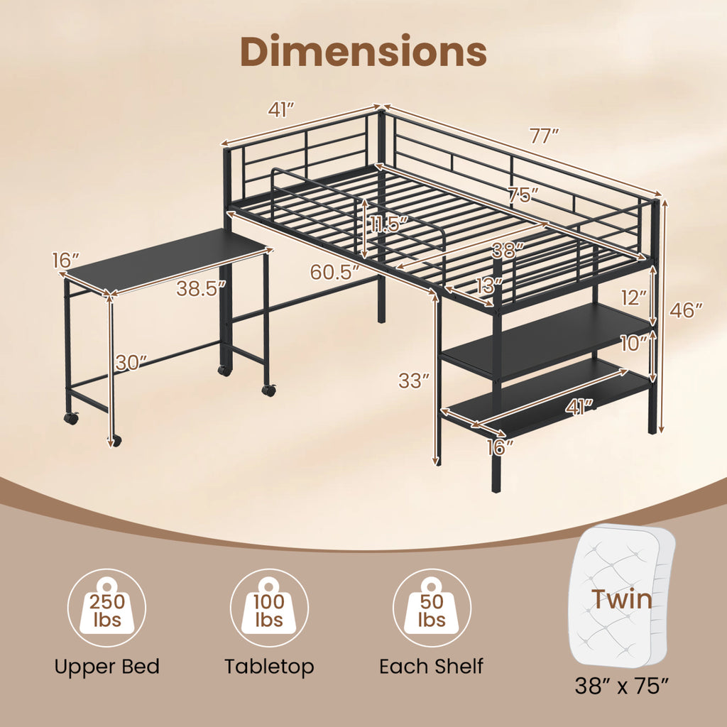 Twin Size Loft Bed with Rolling Desk and Bookshelf Platform Bed Frame-Black