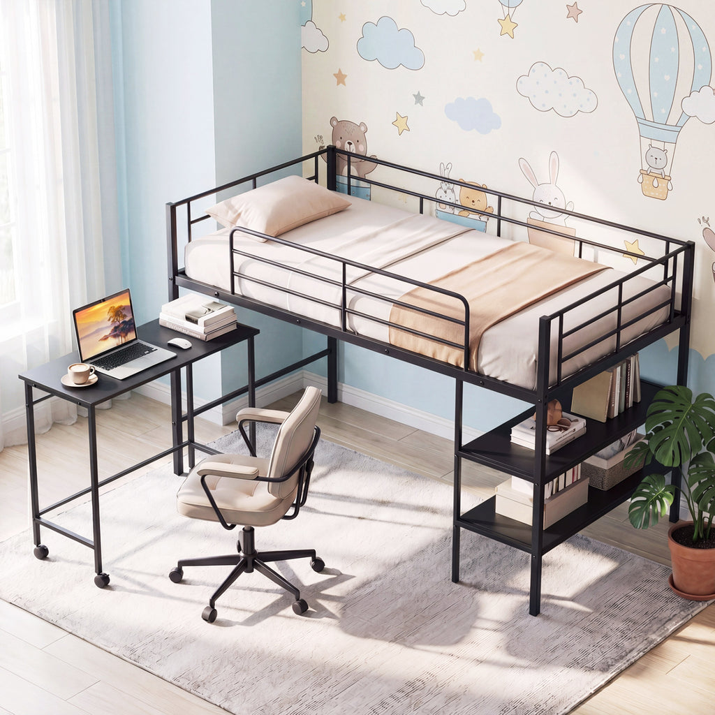 Twin Size Loft Bed with Rolling Desk and Bookshelf Platform Bed Frame-Black