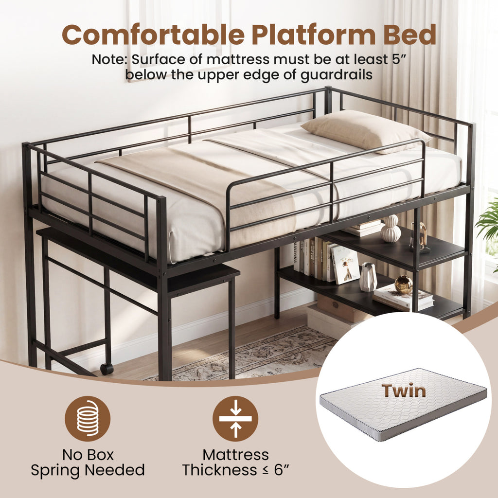 Twin Size Loft Bed with Rolling Desk and Bookshelf Platform Bed Frame-Black
