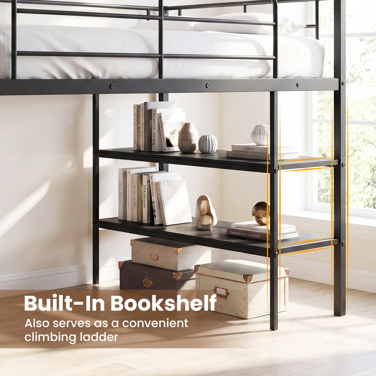 Twin Size Loft Bed with Rolling Desk and Bookshelf Platform Bed Frame-Black