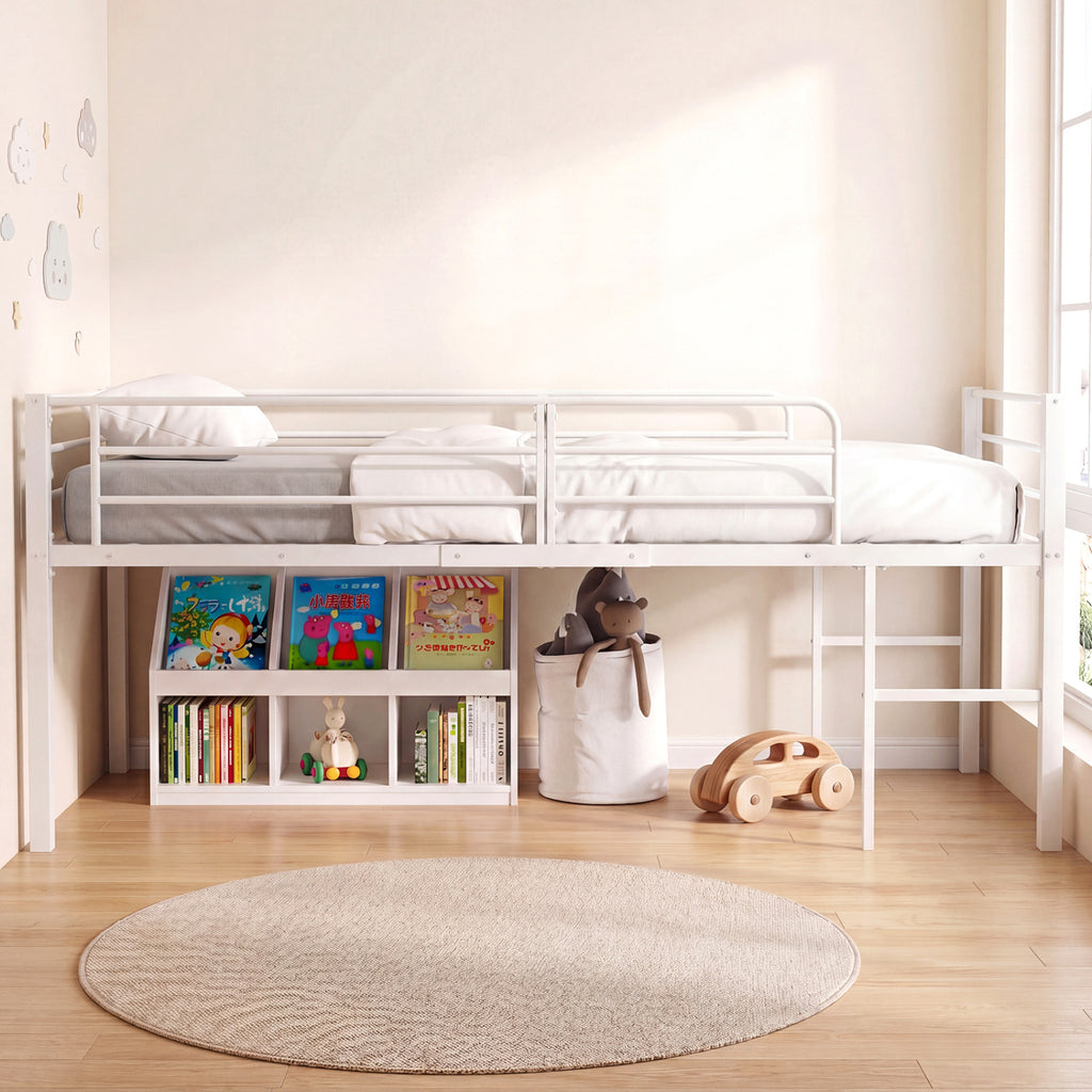 Twin Size Low Loft Bed with Safety Guardrails and 2 Ladders-White