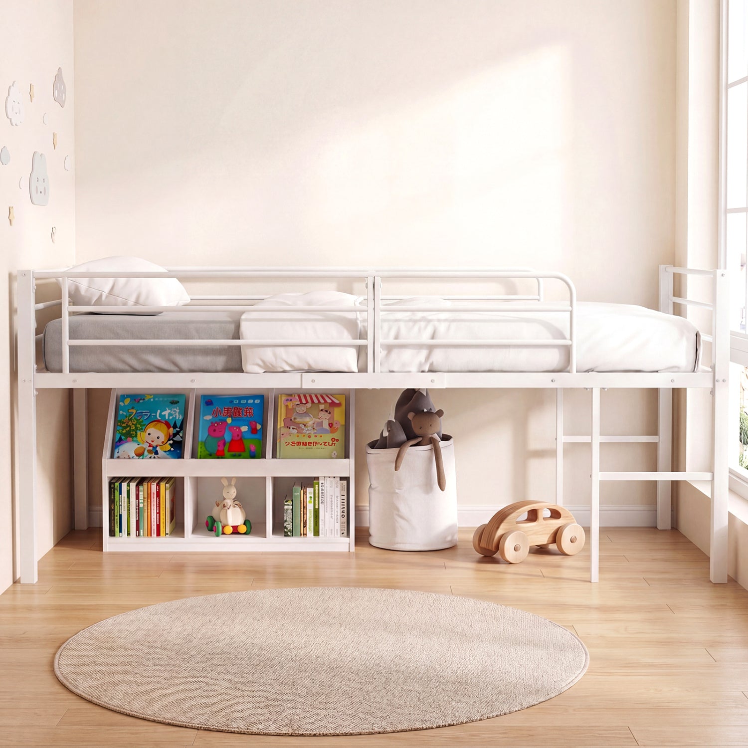 Twin Size Low Loft Bed with Safety Guardrails and 2 Ladders-White
