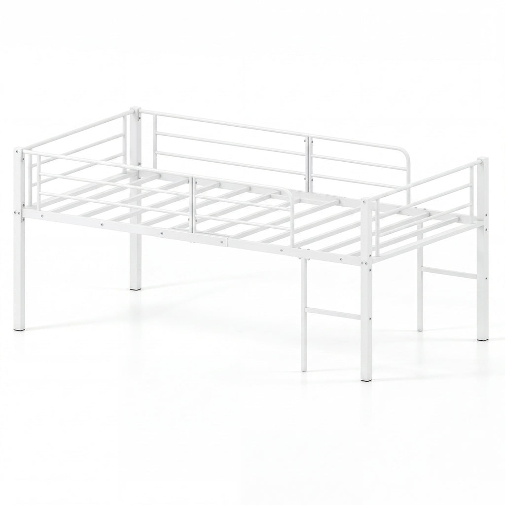 Twin Size Low Loft Bed with Safety Guardrails and 2 Ladders-White