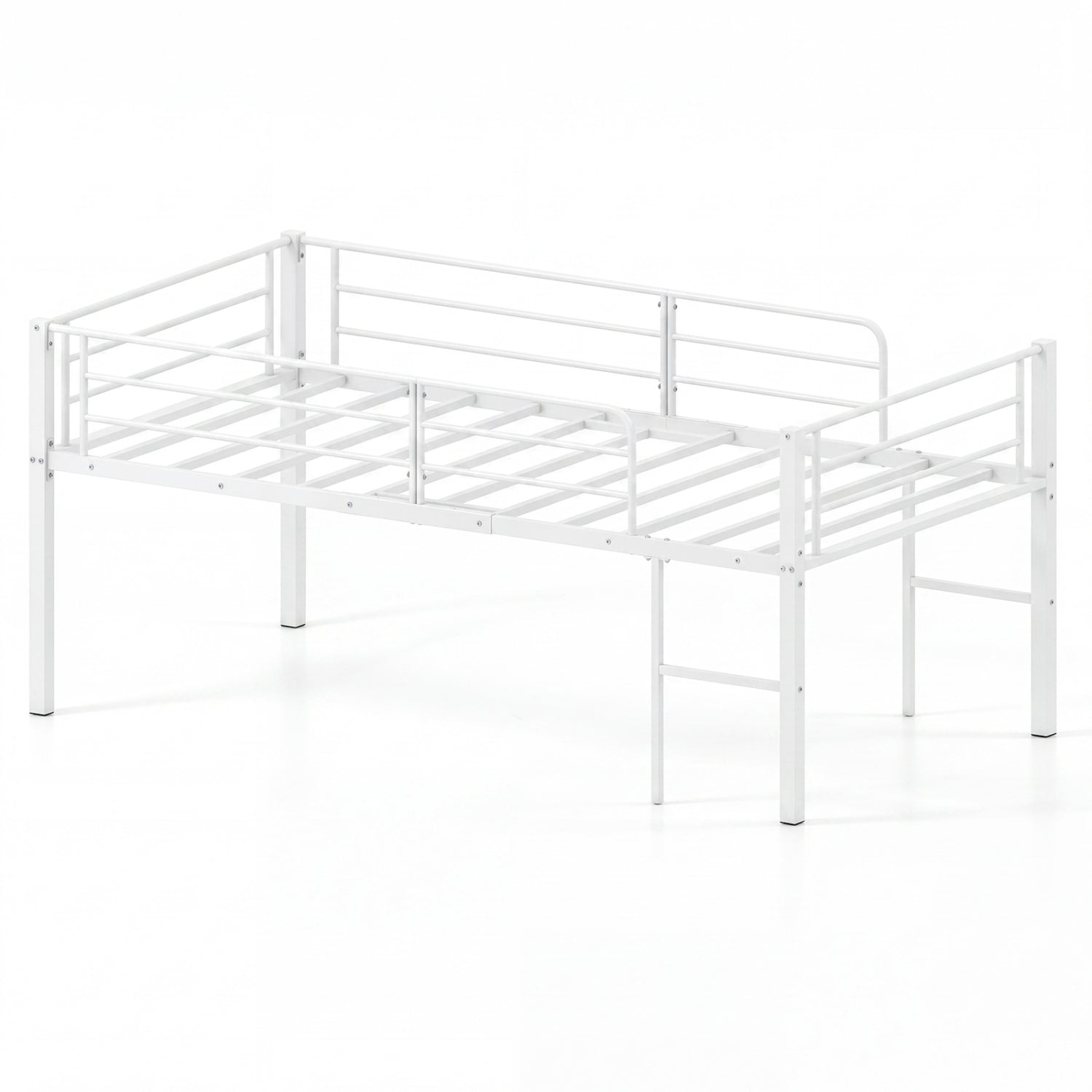 Twin Size Low Loft Bed with Safety Guardrails and 2 Ladders-White