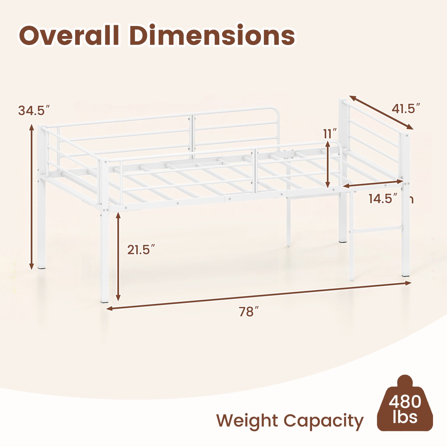 Twin Size Low Loft Bed with Safety Guardrails and 2 Ladders-White