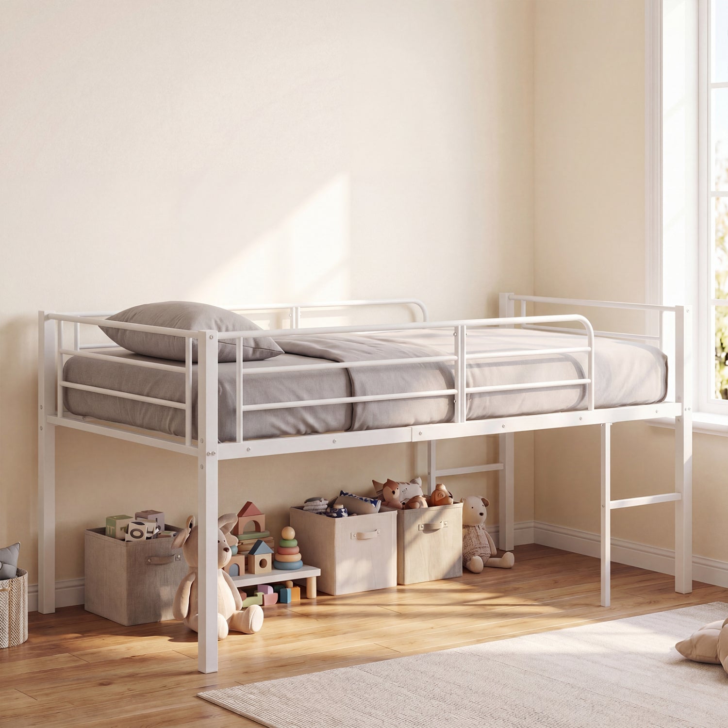 Twin Size Low Loft Bed with Safety Guardrails and 2 Ladders-White