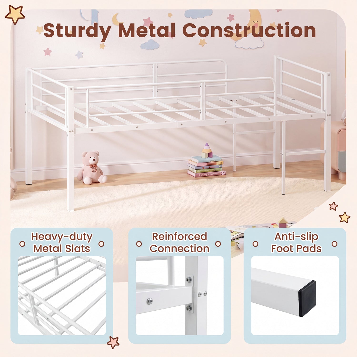 Twin Size Low Loft Bed with Safety Guardrails and 2 Ladders-White
