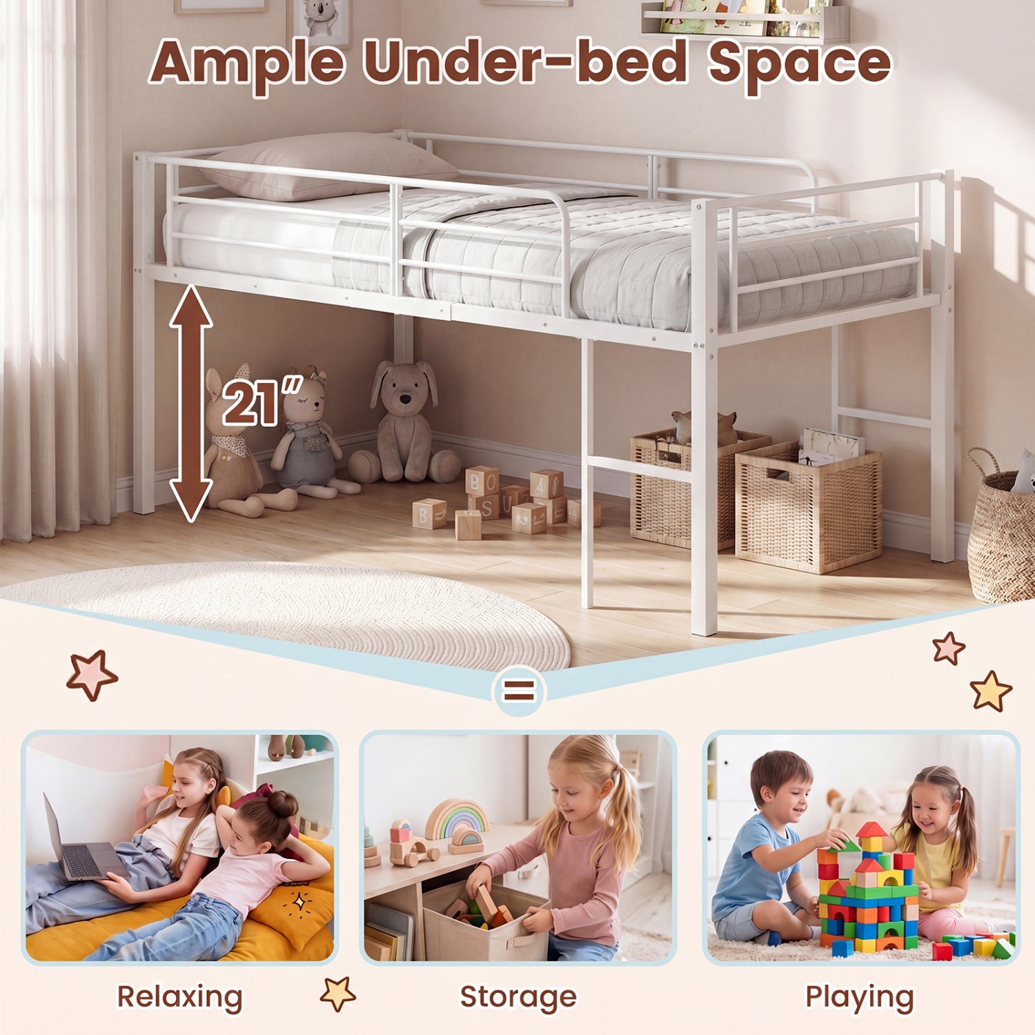 Twin Size Low Loft Bed with Safety Guardrails and 2 Ladders-White