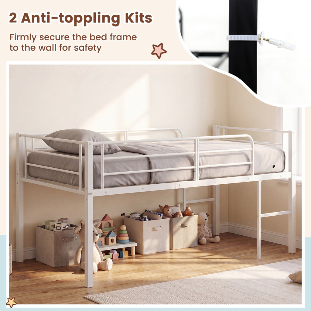 Twin Size Low Loft Bed with Safety Guardrails and 2 Ladders-White