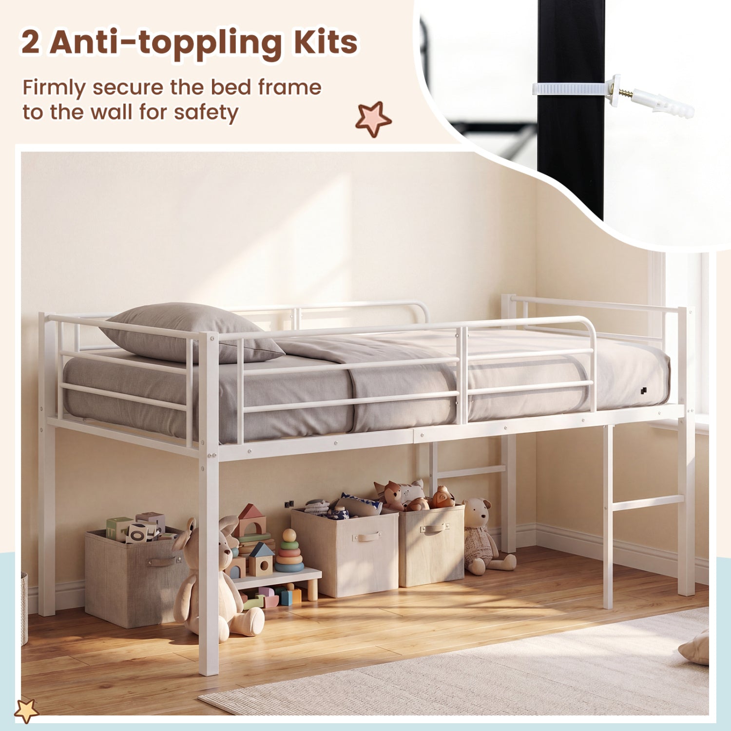 Twin Size Low Loft Bed with Safety Guardrails and 2 Ladders-White