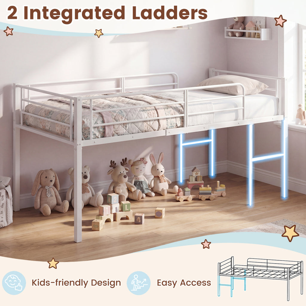 Twin Size Low Loft Bed with Safety Guardrails and 2 Ladders-White
