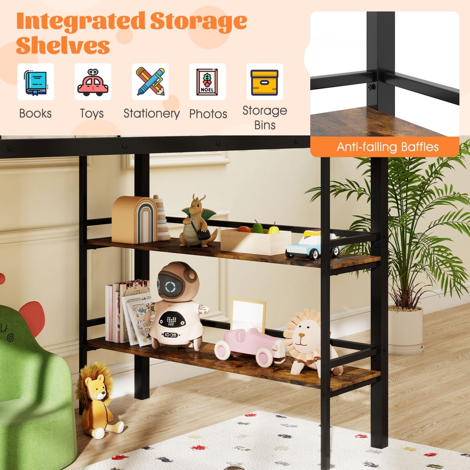 Twin Size Low Loft Bed with Ladder and Storage Shelves Metal Frame for Boys Girls-Black