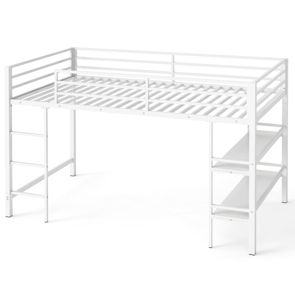 Twin Size Low Loft Bed with Ladder and Storage Shelves Metal Frame for Boys Girls-White