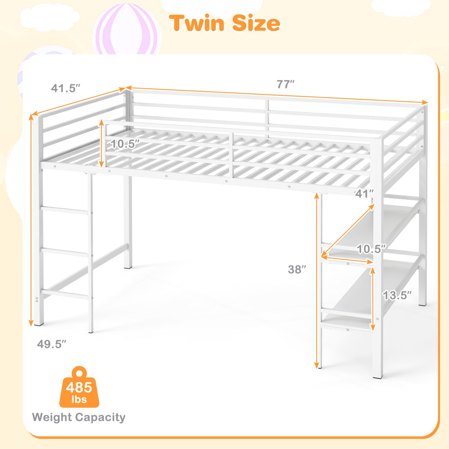 Twin Size Low Loft Bed with Ladder and Storage Shelves Metal Frame for Boys Girls-White