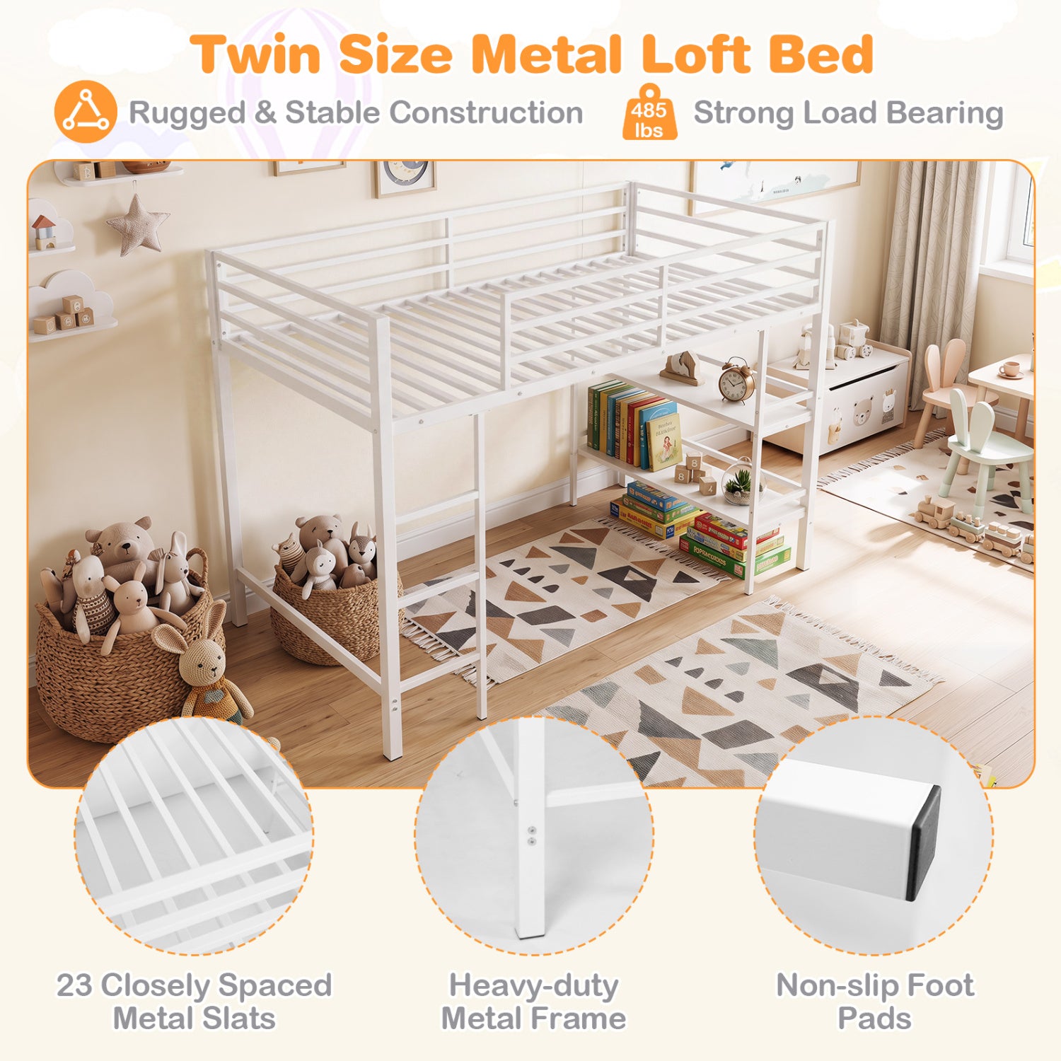 Twin Size Low Loft Bed with Ladder and Storage Shelves Metal Frame for Boys Girls-White