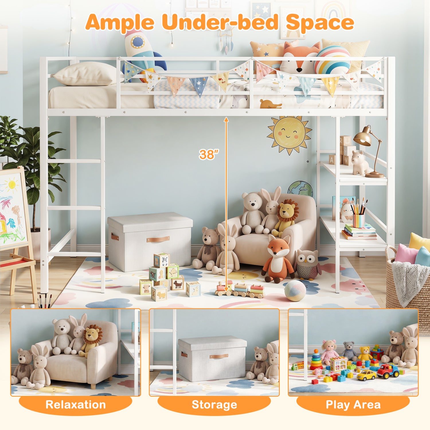 Twin Size Low Loft Bed with Ladder and Storage Shelves Metal Frame for Boys Girls-White