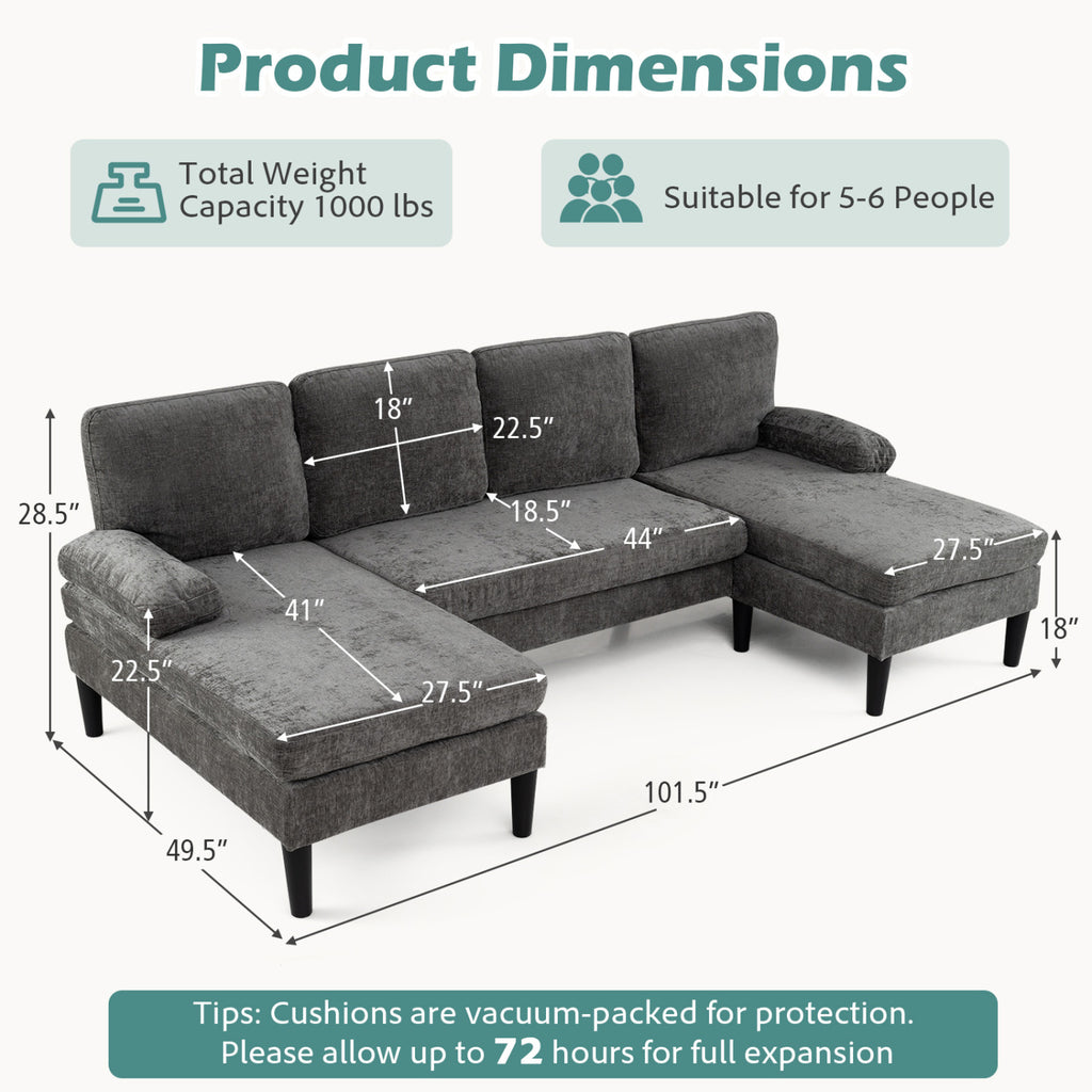 U-shaped Sectional Couch with Double Chaise for Living Room-Grey
