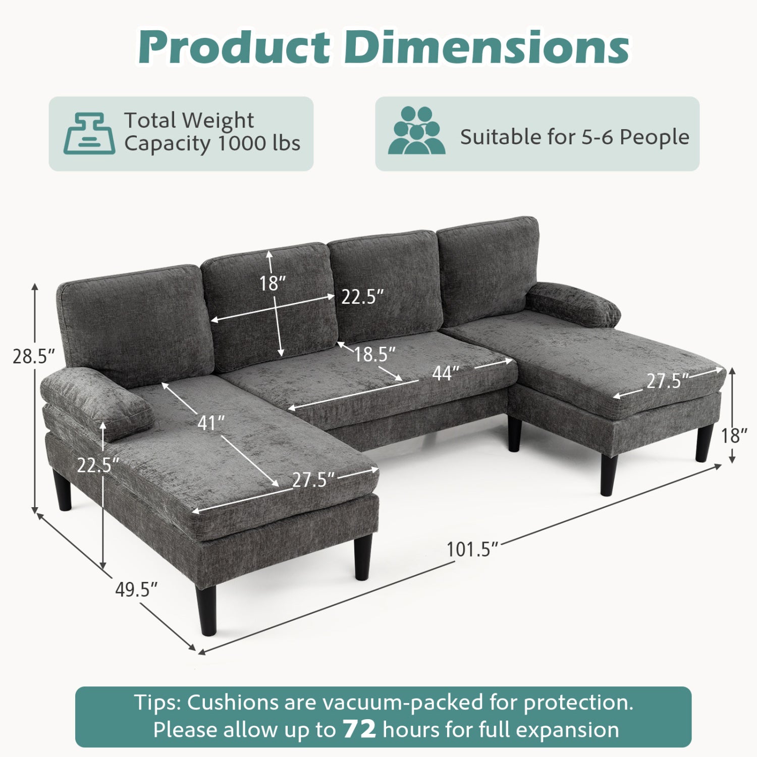 U-shaped Sectional Couch with Double Chaise for Living Room-Grey