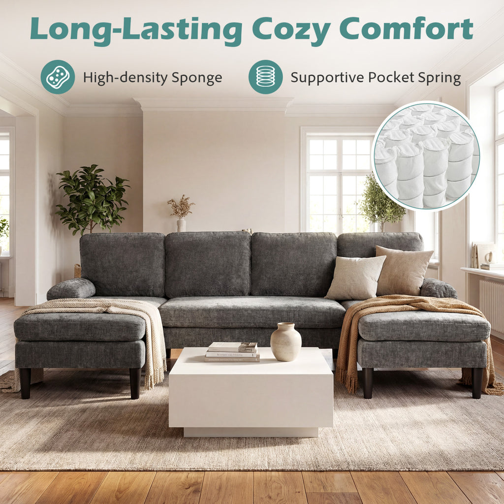 U-shaped Sectional Couch with Double Chaise for Living Room-Grey