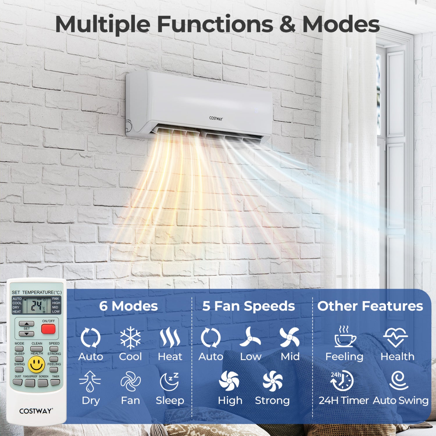 UltrEco Series 24000 BTU 3 Zone 23 SEER2 Mini Split Air Conditioner Wifi Enabled with Heat Pump-7K + 9K + 12K
