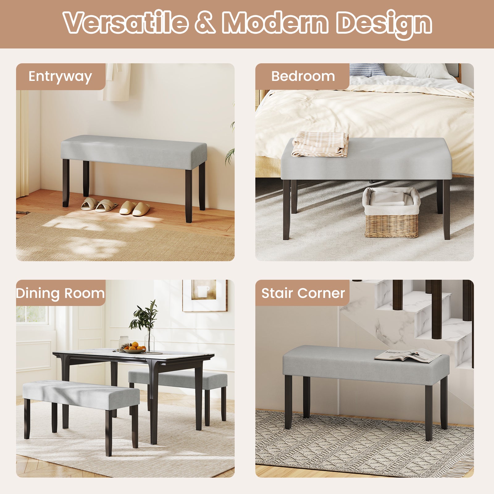 Upholstered Entryway Bench for End of Bed with Padded Seat-Gray