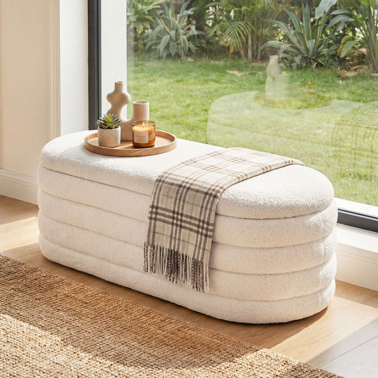 Upholstered Fabric Storage Ottoman Bench for End of Bed with 2 Struts-White