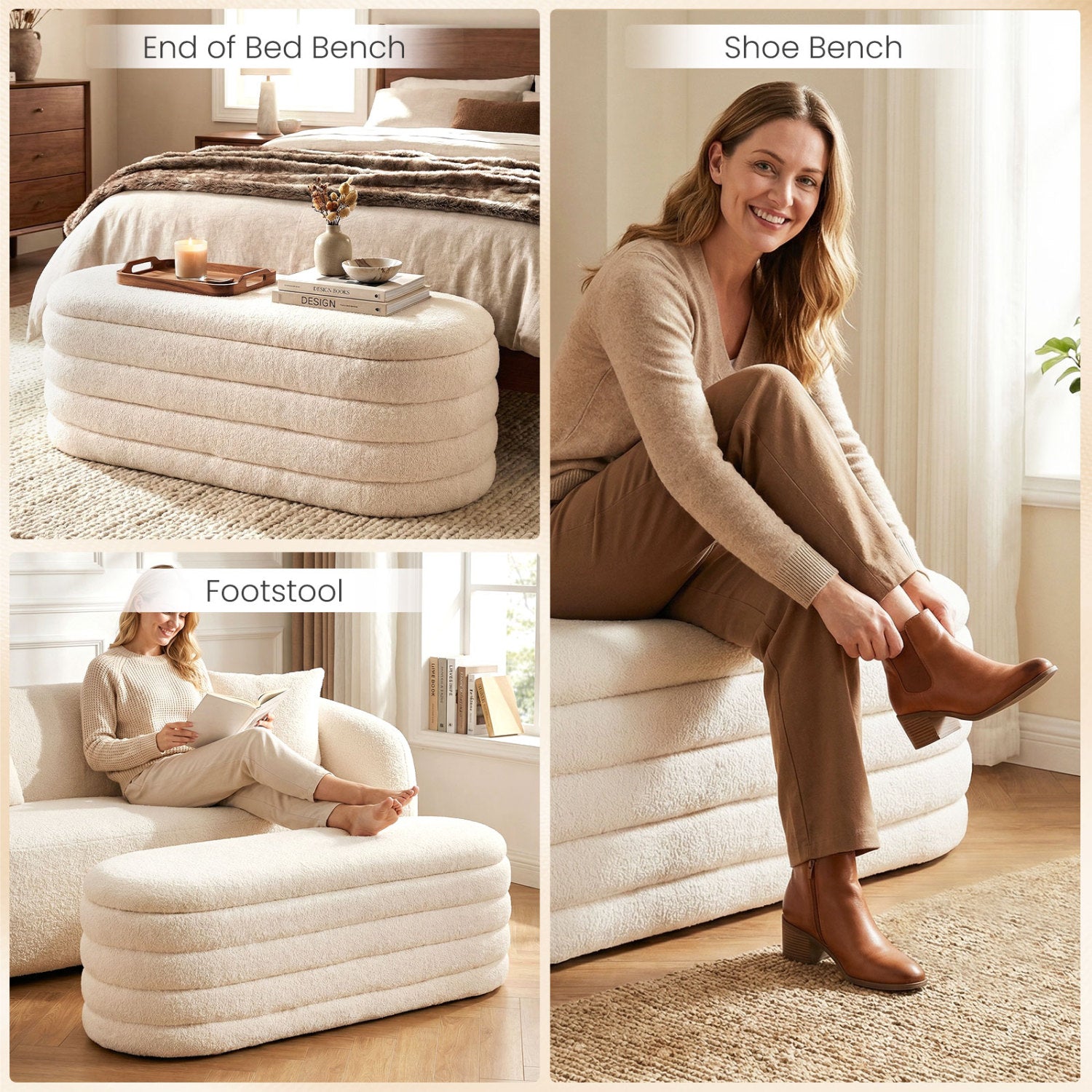 Upholstered Fabric Storage Ottoman Bench for End of Bed with 2 Struts-White