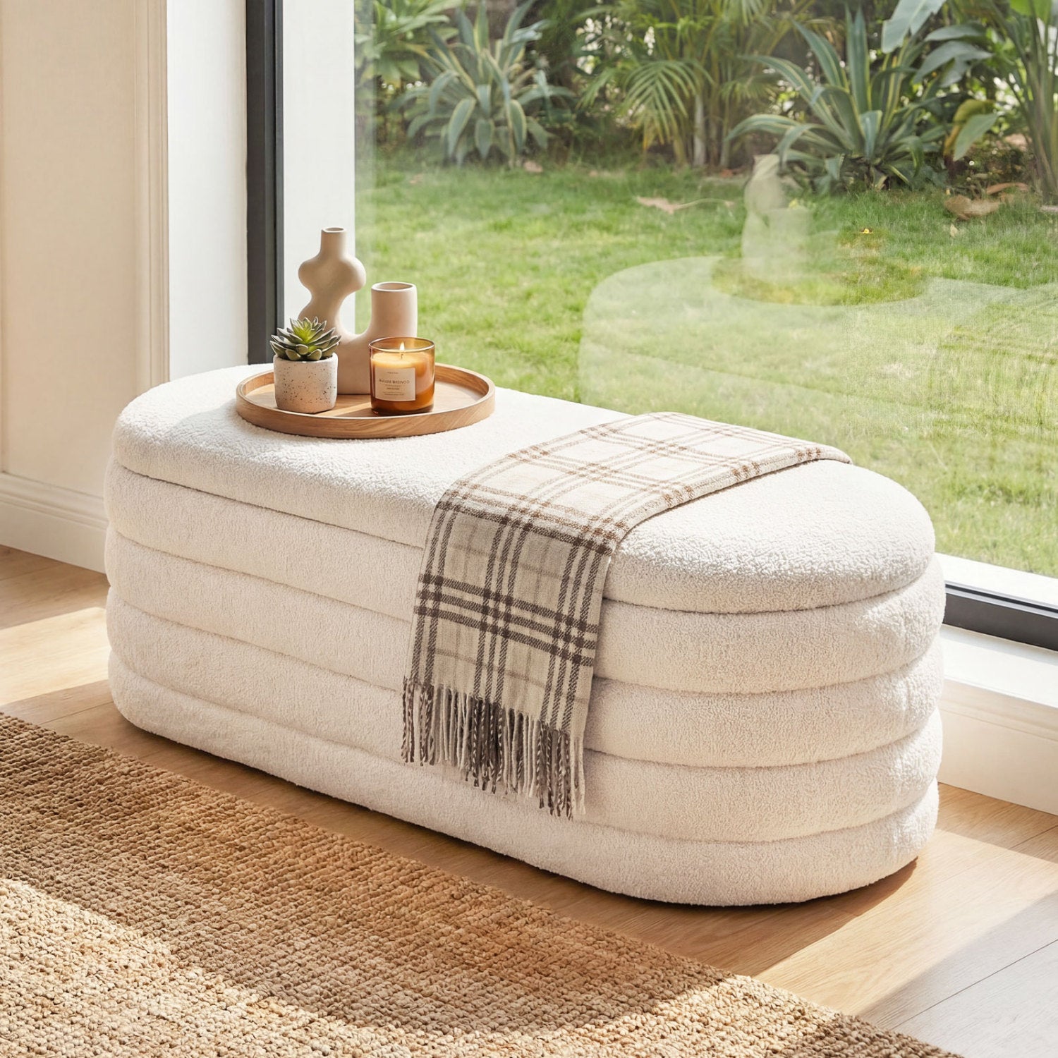 Upholstered Fabric Storage Ottoman Bench for End of Bed with 2 Struts-White