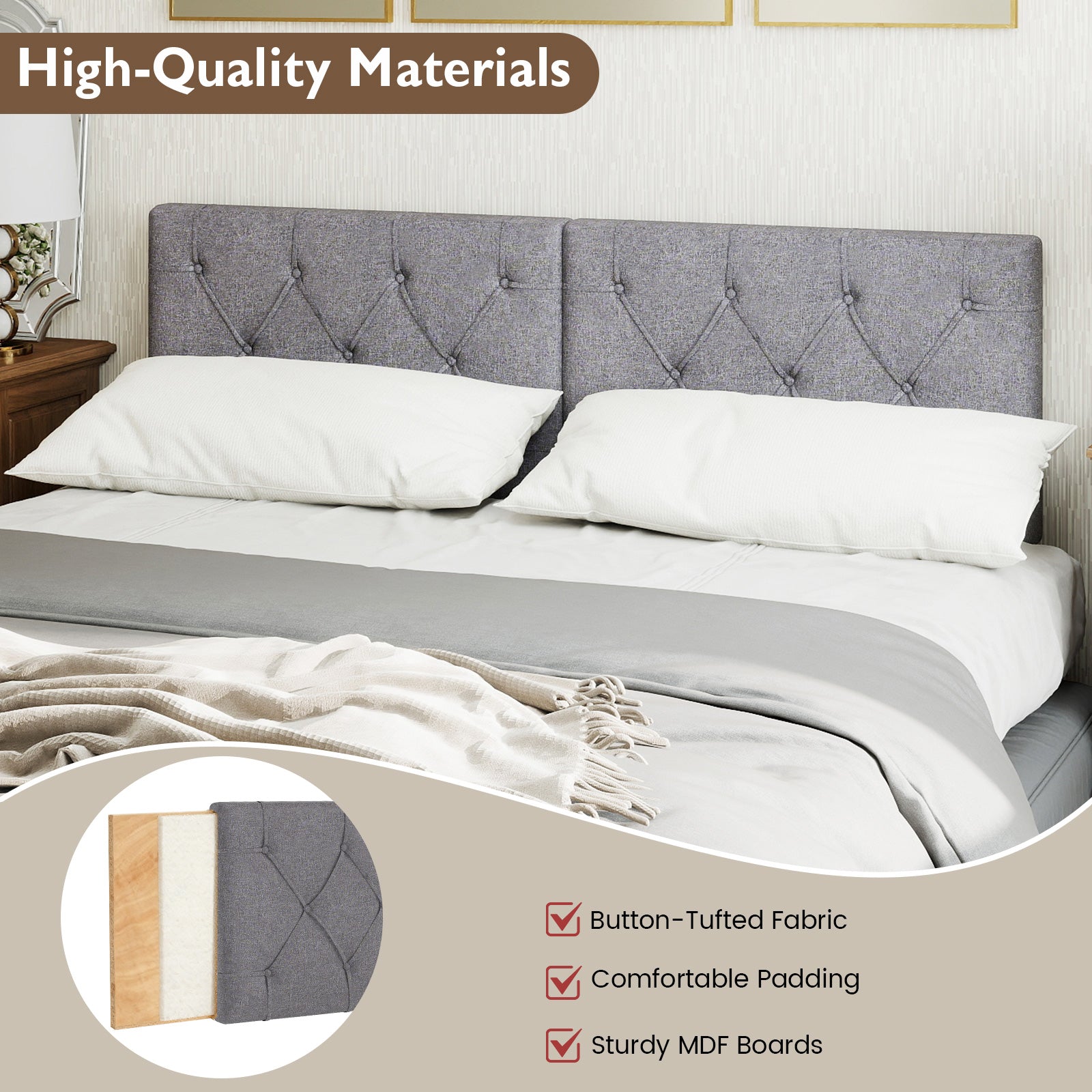 Upholstered Headboard for Twin Size Bed with Fabric Upholstery-Gray