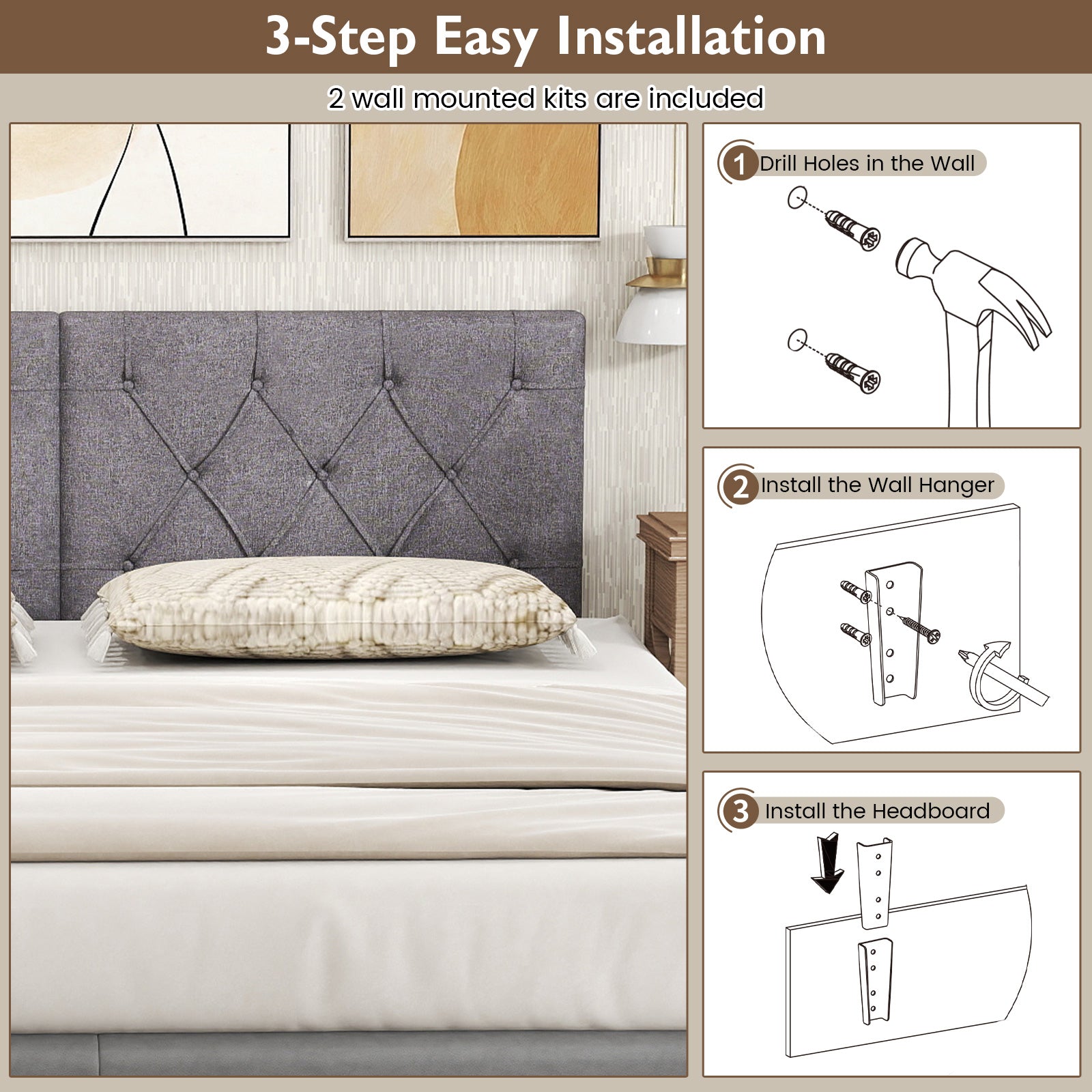 Upholstered Headboard for Twin Size Bed with Fabric Upholstery-Gray