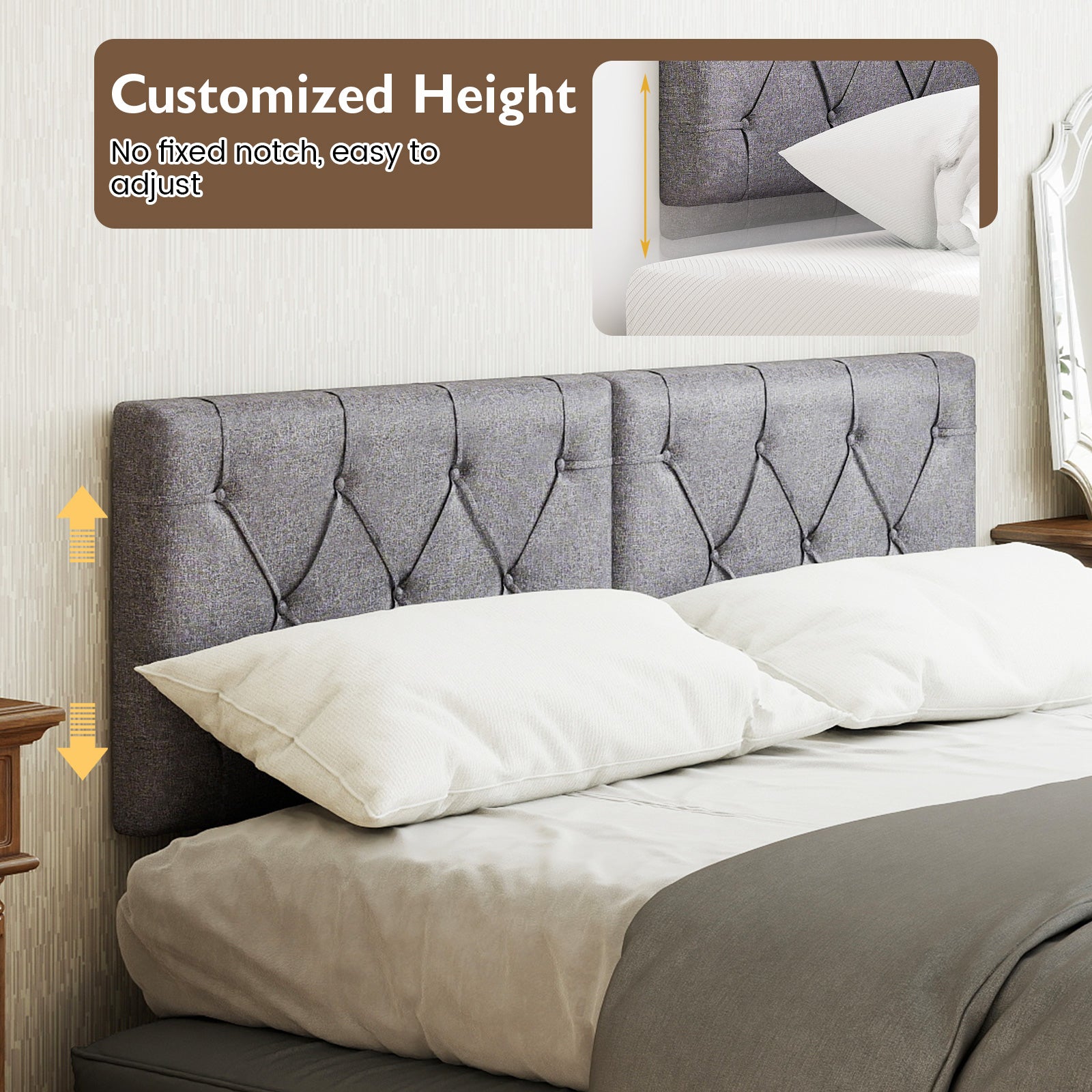 Upholstered Headboard for Twin Size Bed with Fabric Upholstery-Gray