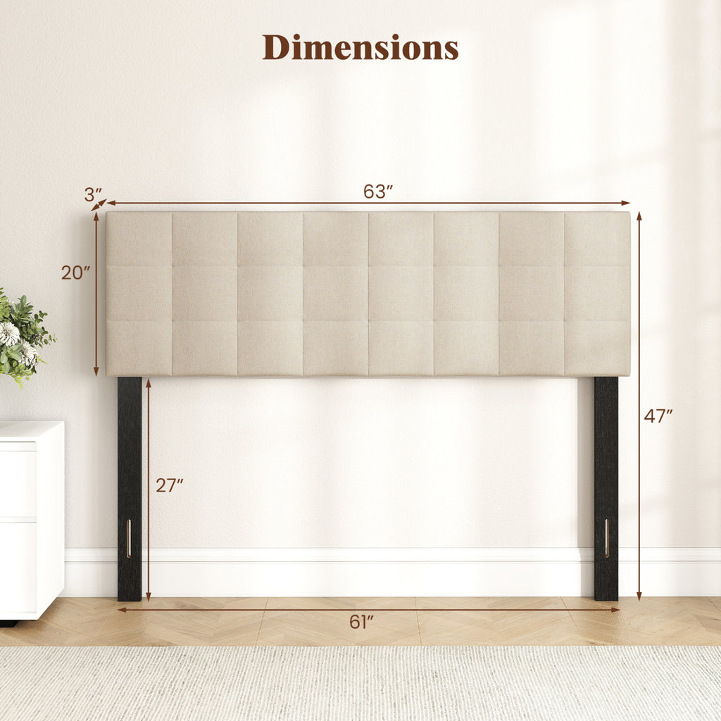 Upholstered Headboard Queen/Full Size Quilted Grid Linen Fabric Bed Frame Mount Panel-Beige