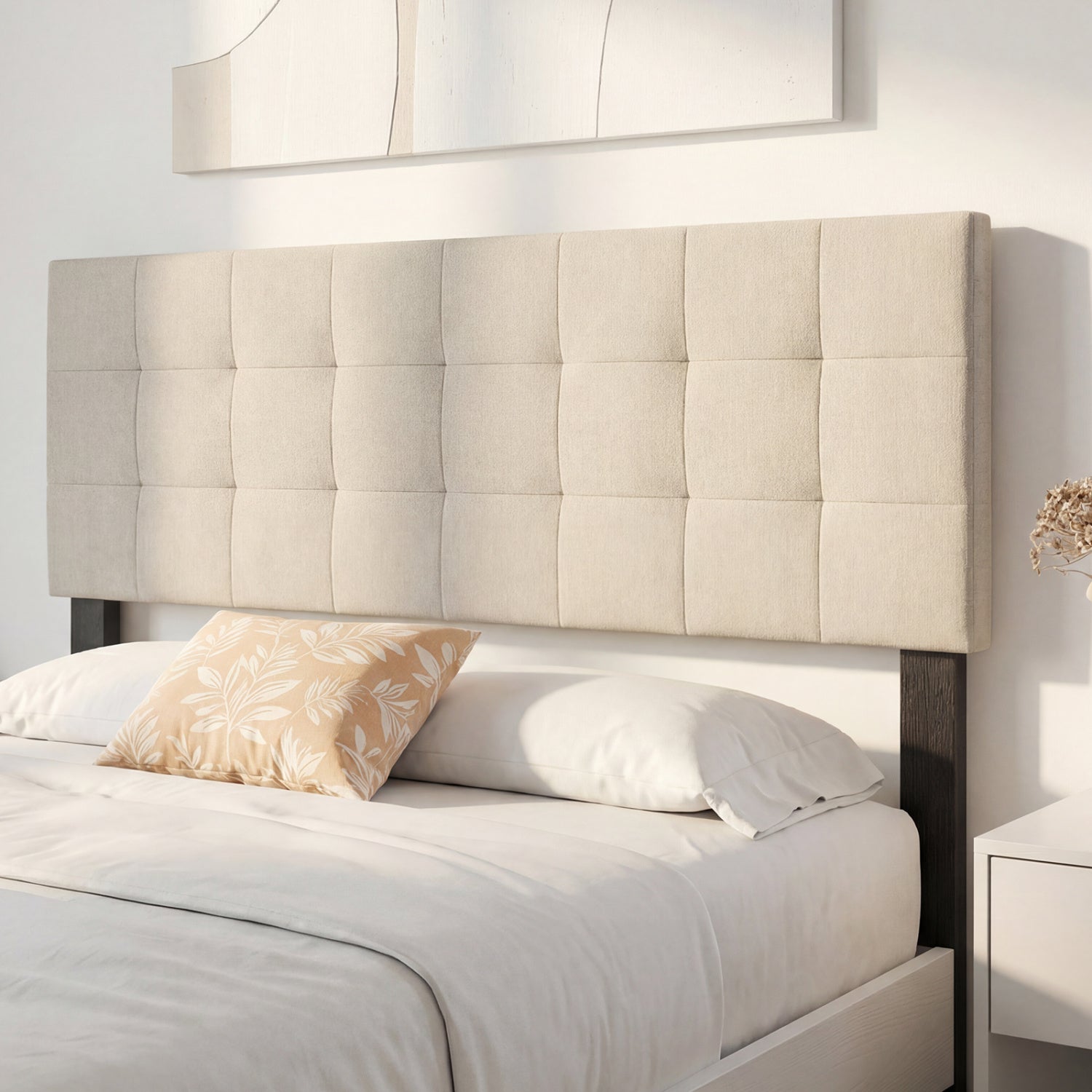 Upholstered Headboard Queen/Full Size Quilted Grid Linen Fabric Bed Frame Mount Panel-Beige