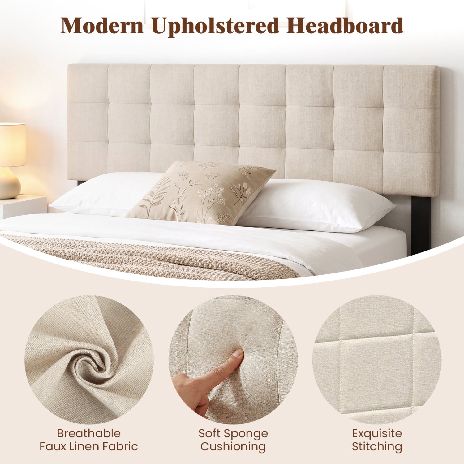 Upholstered Headboard Queen/Full Size Quilted Grid Linen Fabric Bed Frame Mount Panel-Beige