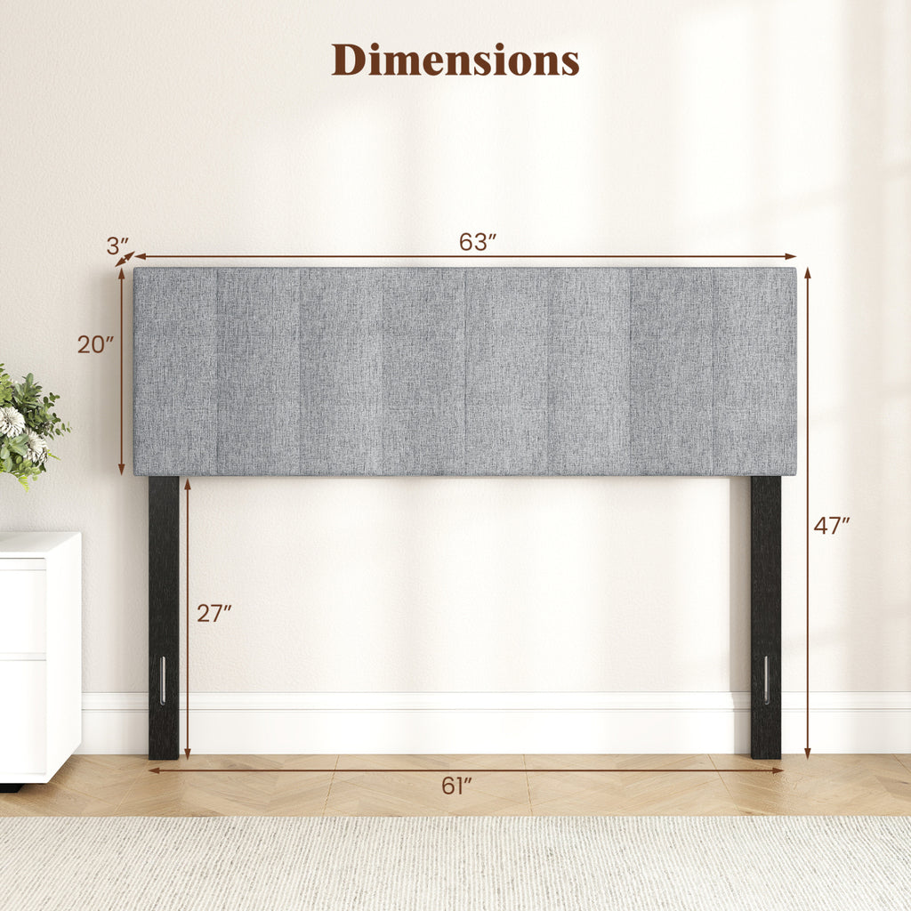 Upholstered Headboard Queen/Full Size Quilted Grid Linen Fabric Bed Frame Mount Panel-Gray