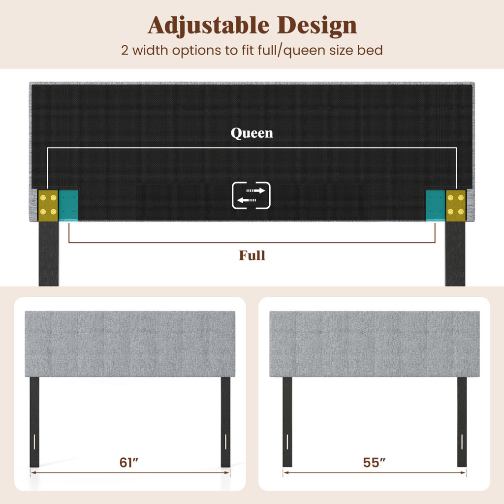 Upholstered Headboard Queen/Full Size Quilted Grid Linen Fabric Bed Frame Mount Panel-Gray
