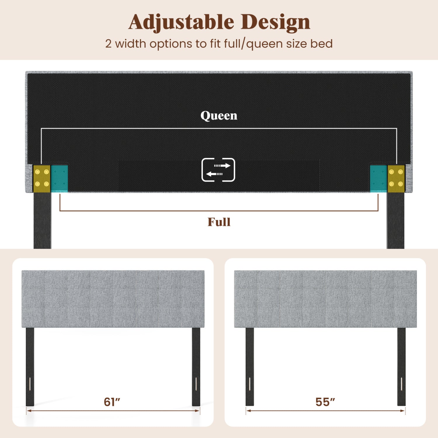 Upholstered Headboard Queen/Full Size Quilted Grid Linen Fabric Bed Frame Mount Panel-Gray
