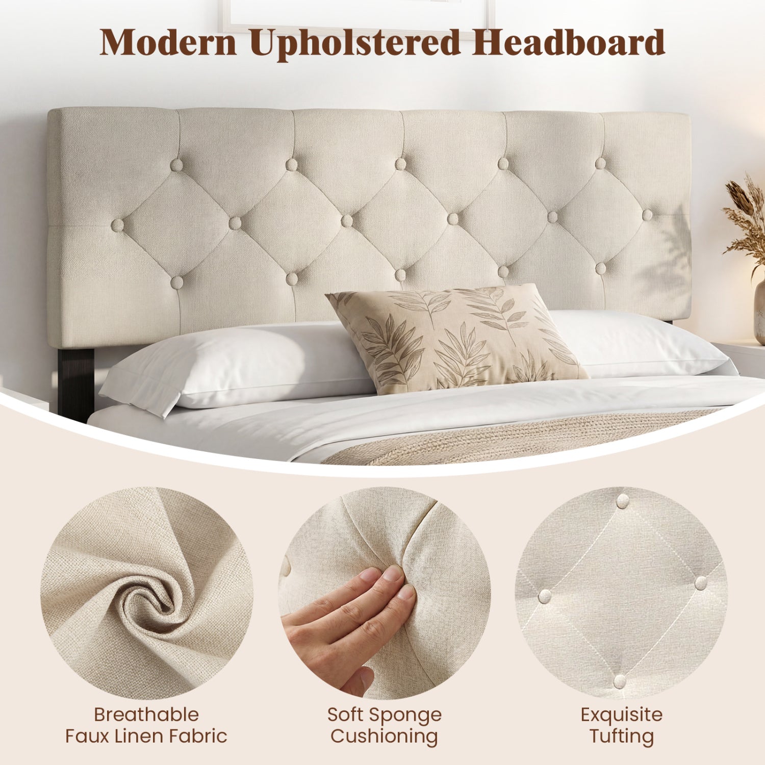 Upholstered Headboard Queen/Full Size Tufted Linen Fabric Bed Frame Mount Panel-Beige