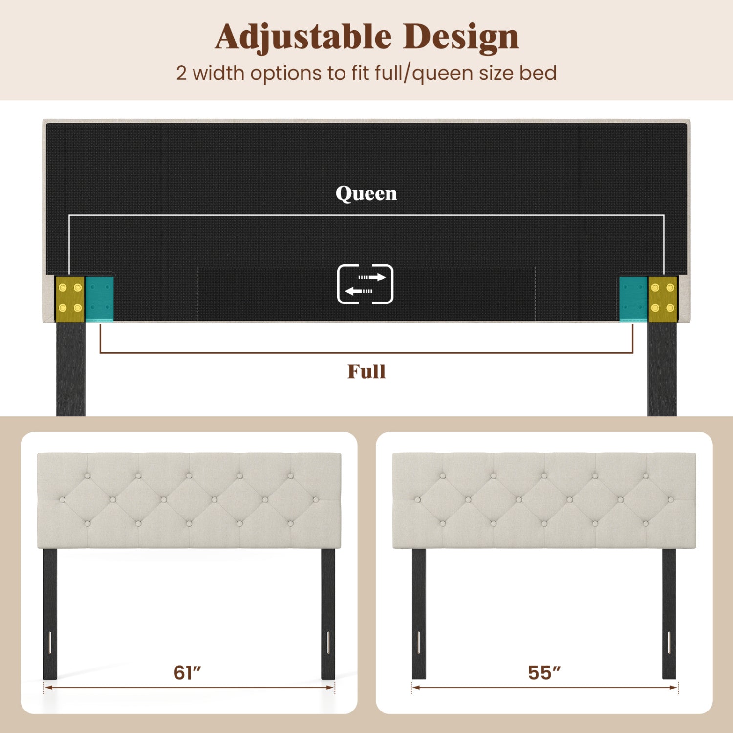 Upholstered Headboard Queen/Full Size Tufted Linen Fabric Bed Frame Mount Panel-Beige
