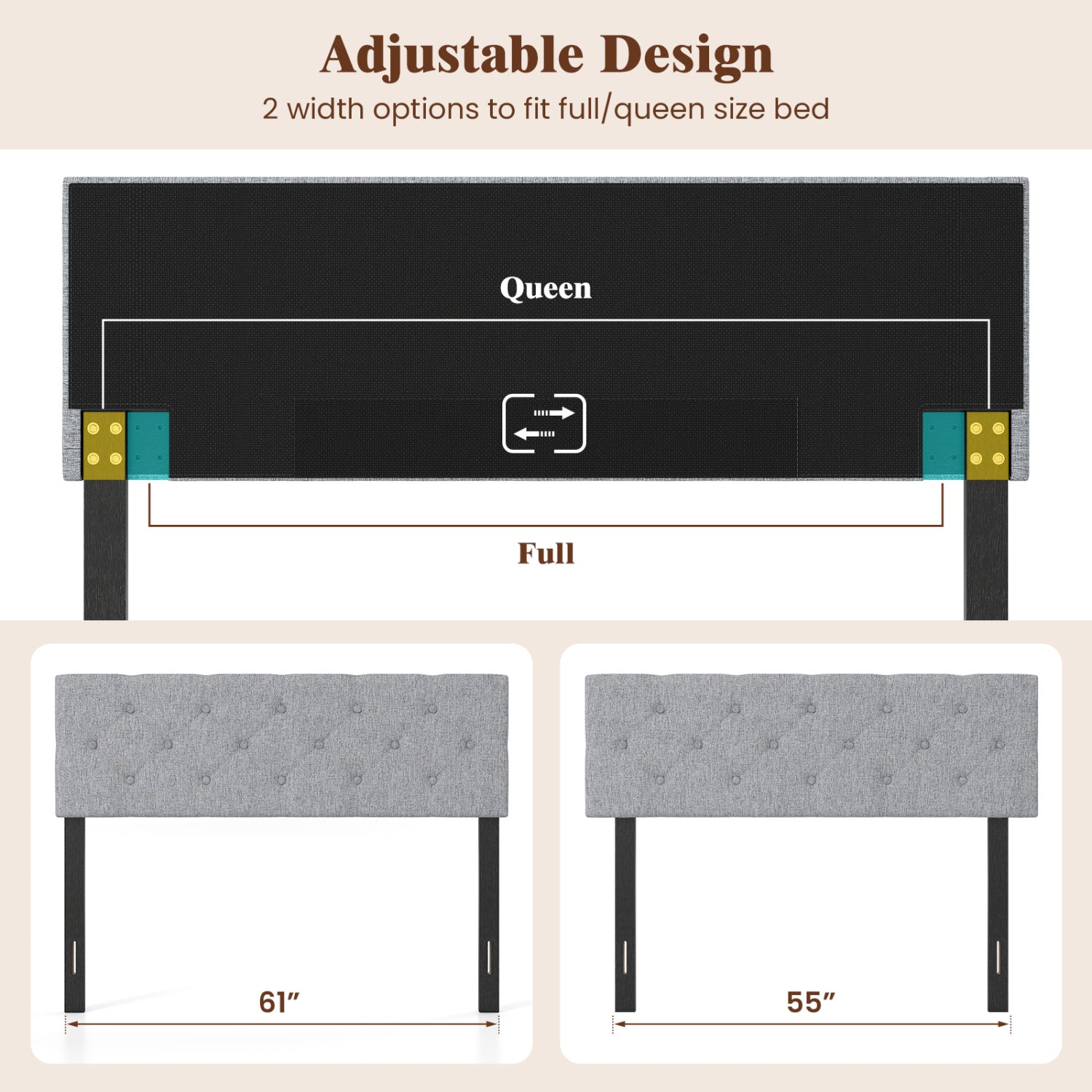 Upholstered Headboard Queen/Full Size Tufted Linen Fabric Bed Frame Mount Panel-Gray