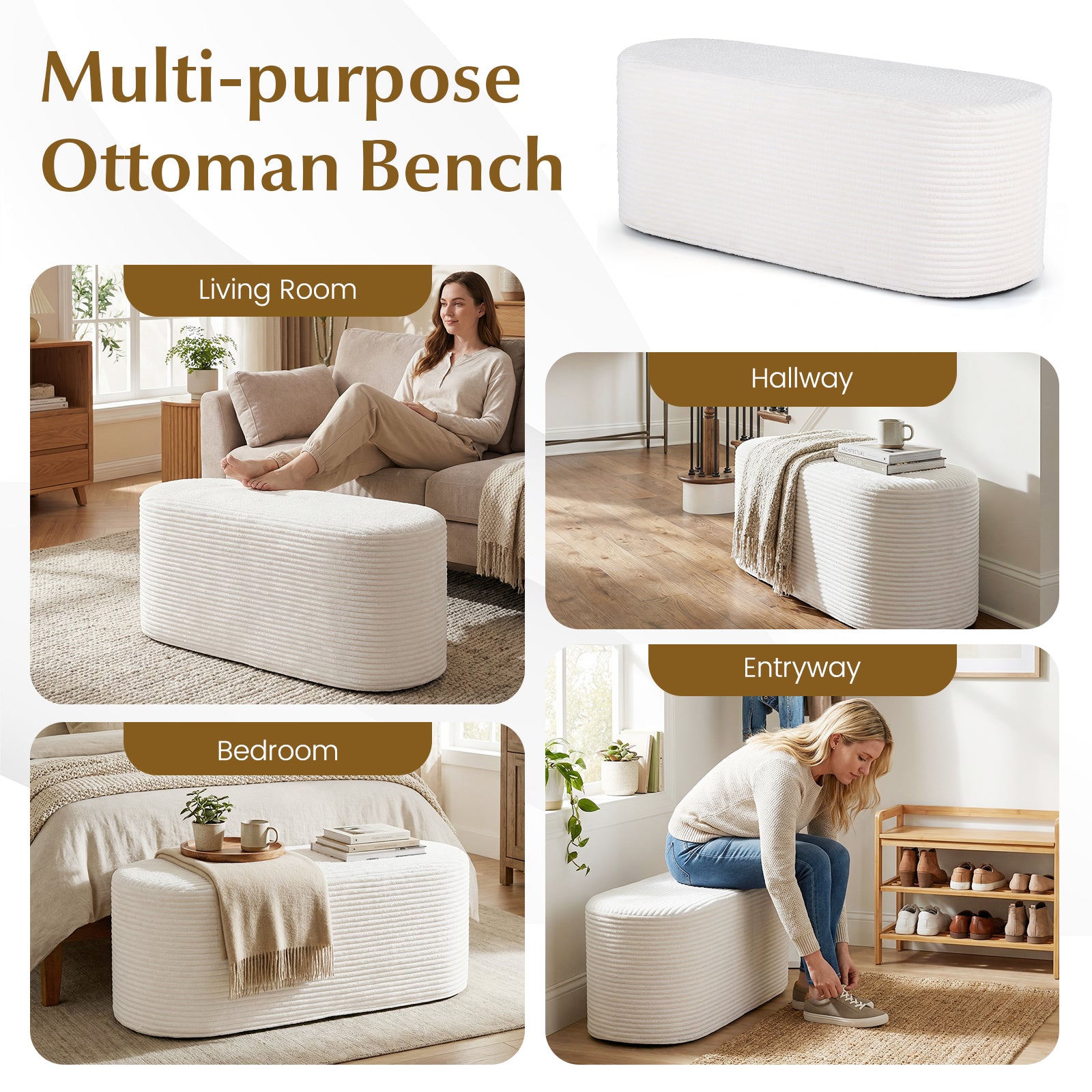 Upholstered Ottoman Bench with High-Density Sponge-Beige