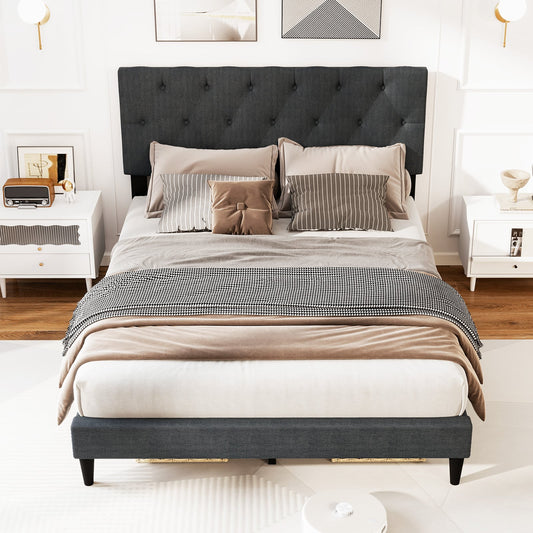 Upholstered Platform Bed with Tufted Headboard and Wooden Slats Gray-Full Size